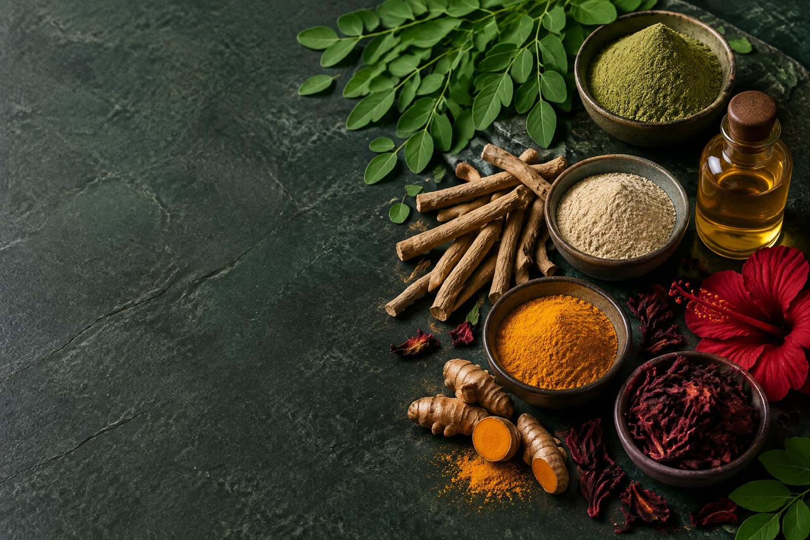 Herbal powders, roots, leaves and essential oil