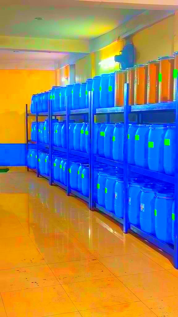 Packed drums stored in the warehouse